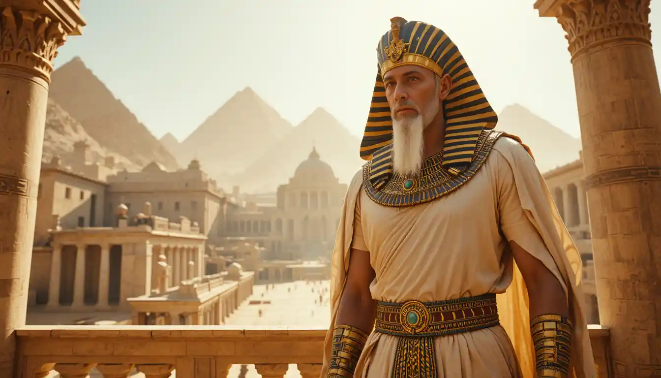 Young nobleman and pharaoh on a sunlit palace balcony