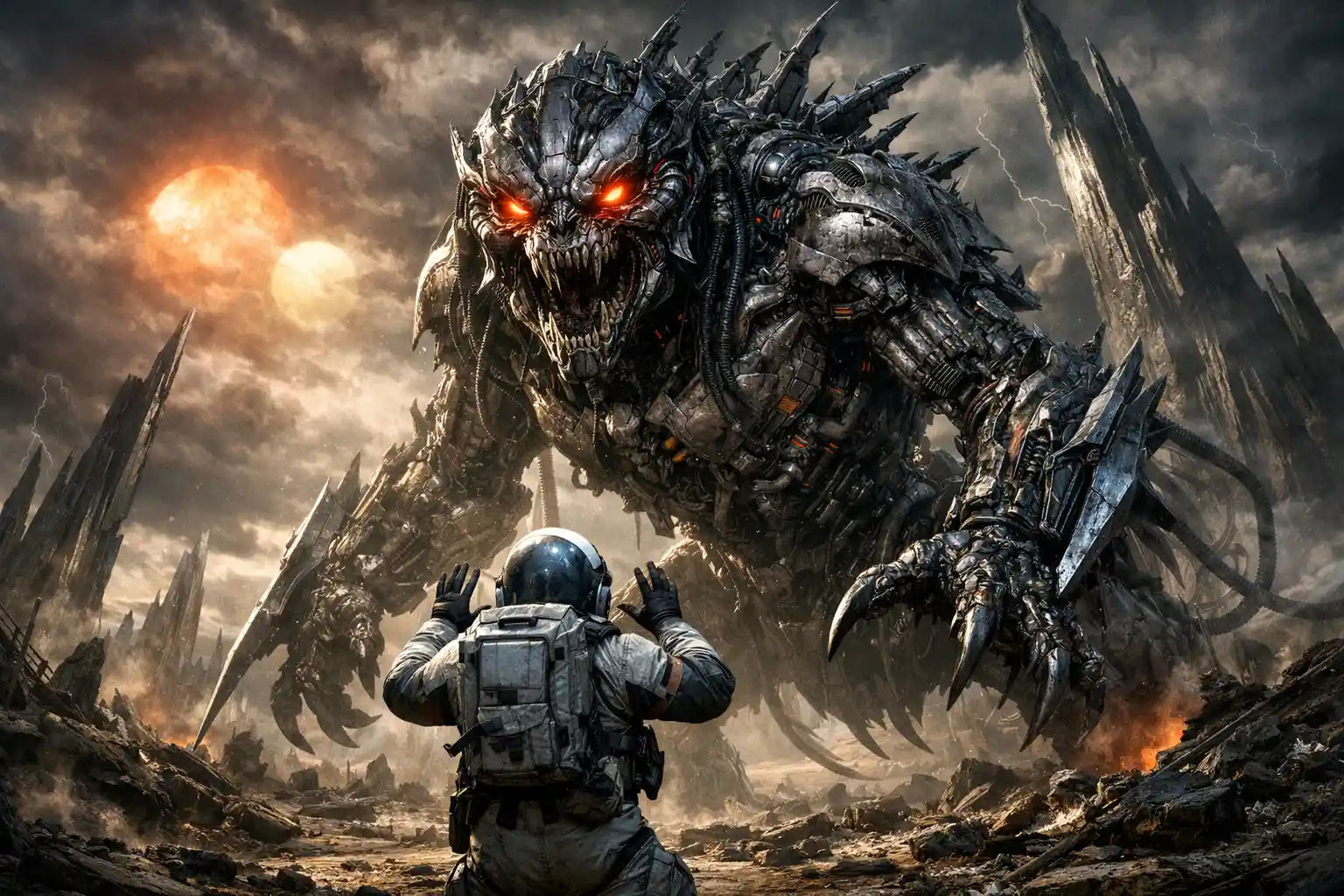 Astronaut Faces Colossal Biomechanical Monster On Alien World