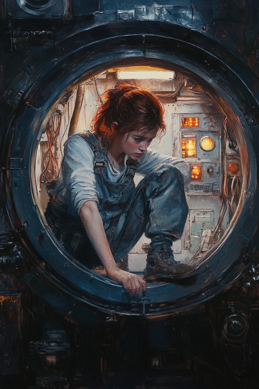 Teen girl in overalls peering through glowing spaceship hatch