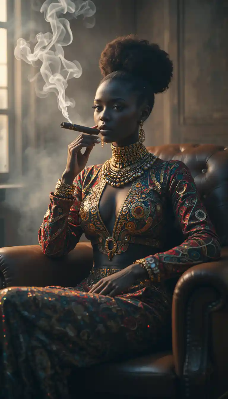 Afrofuturistic woman in vibrant African fashion smoking a cigar