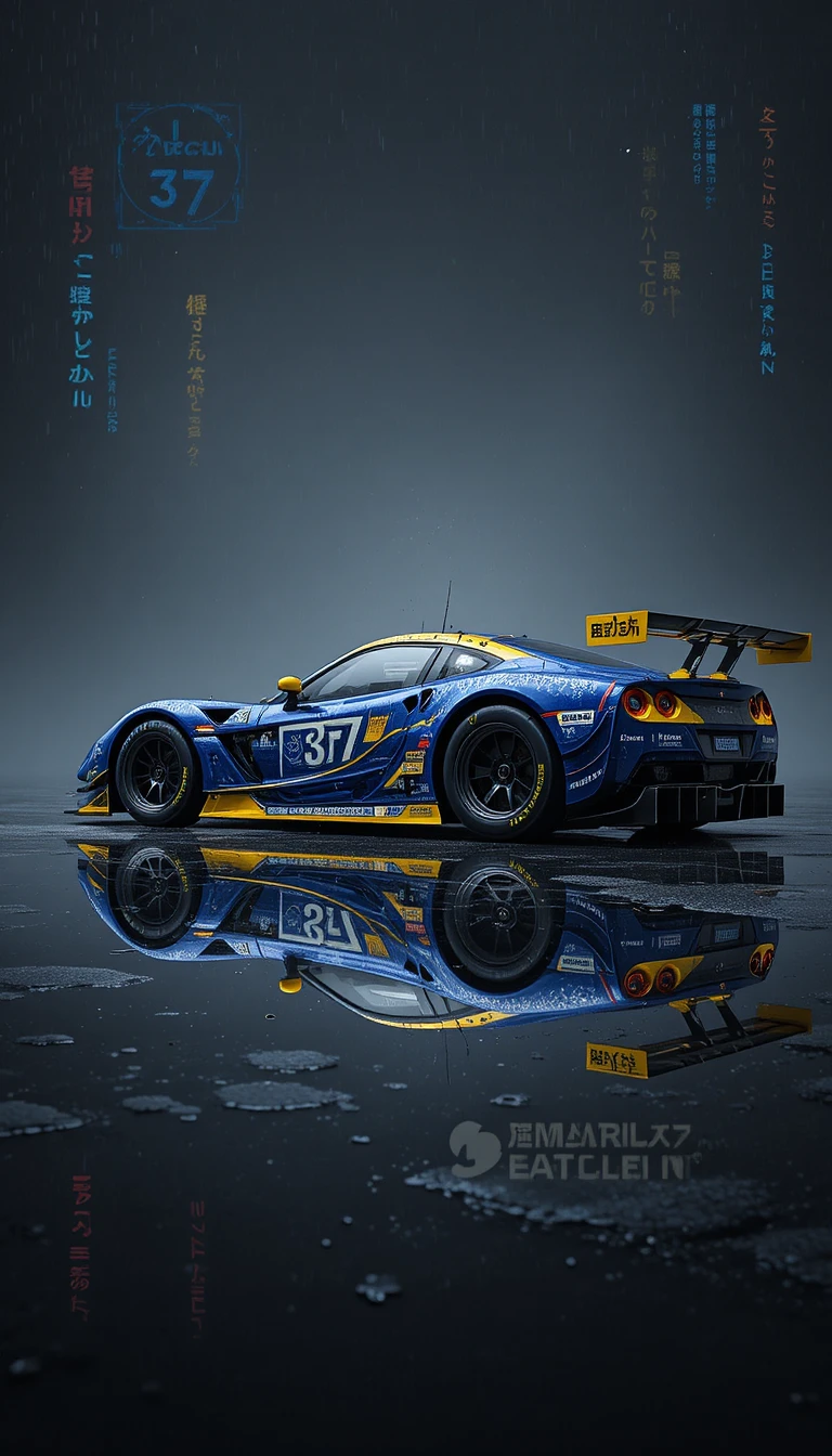 Carro de corrida azul e amarelo em vista lateral em pista molhada e reflexiva