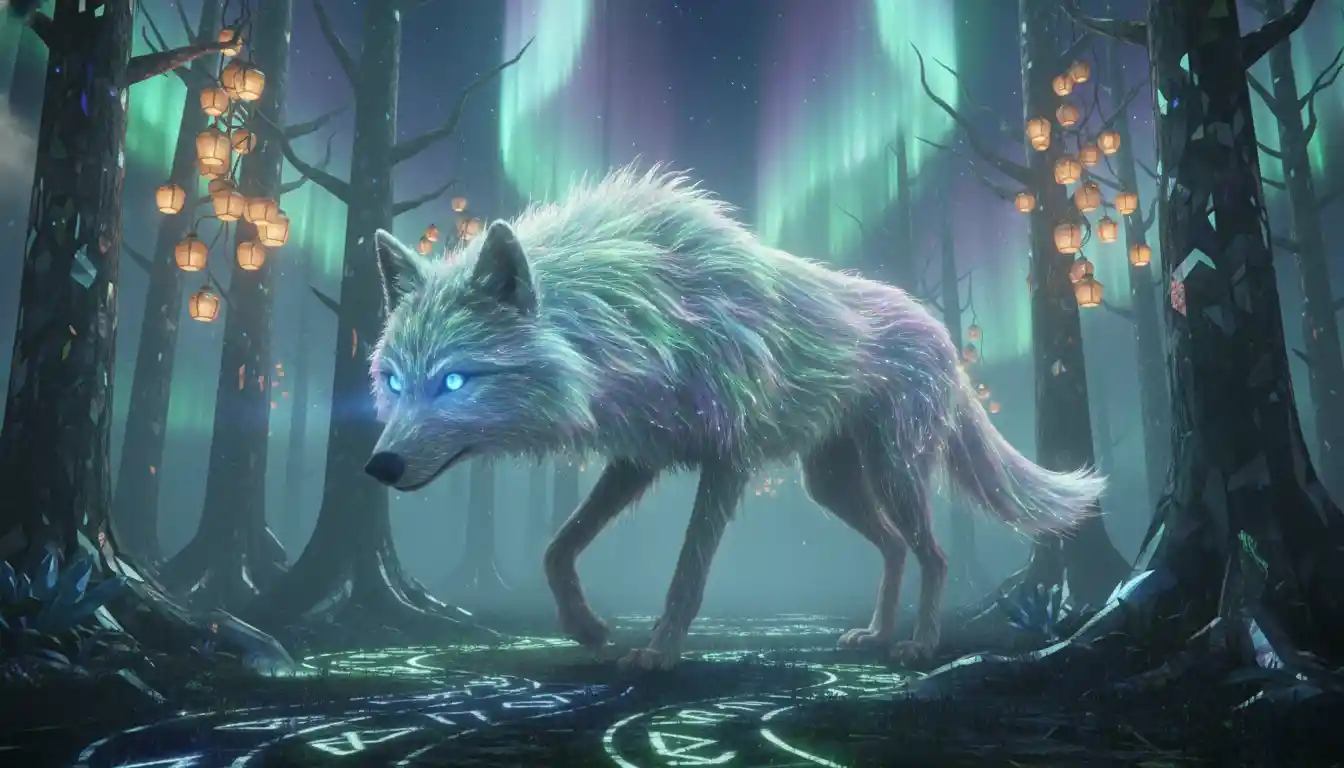 Loup spectral marchant dans une forêt fantastique de cristaux inversés