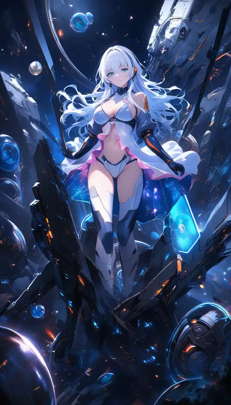 Cyborg femminile sconfitto tra i rottami di un mecha distrutto