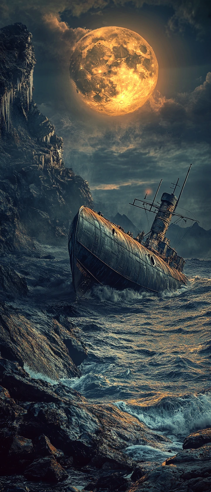 Steampunk submarine stranded on a moonlit rocky shoreline