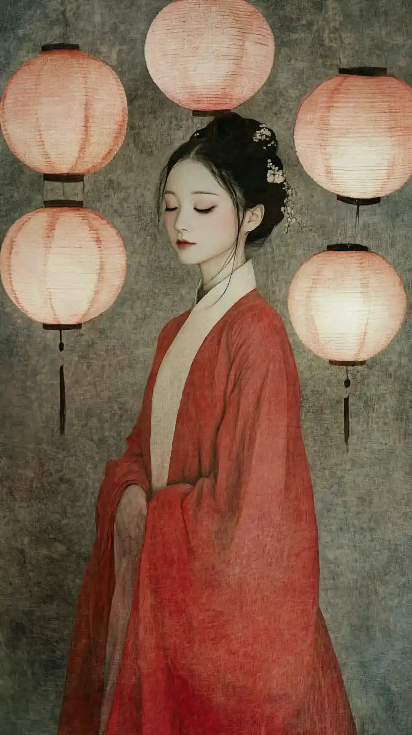 Traditional Chinese bride in red silk with glowing lanterns