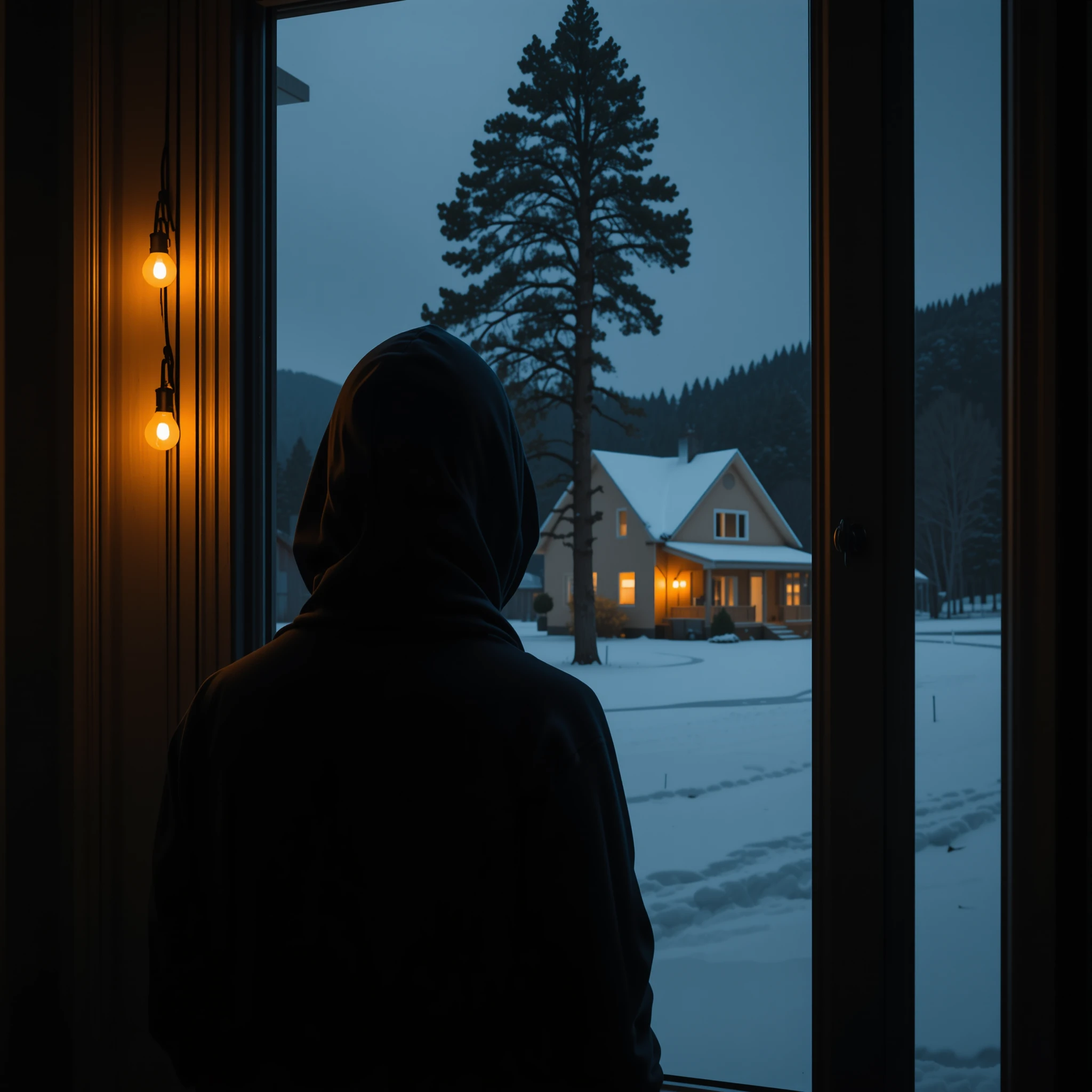 Silueta encapuchada mirando la calle nevada por la ventana de noche