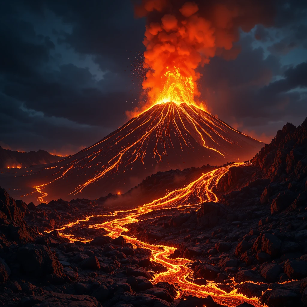 Vulcão em erupção à noite com rios de lava brilhantes