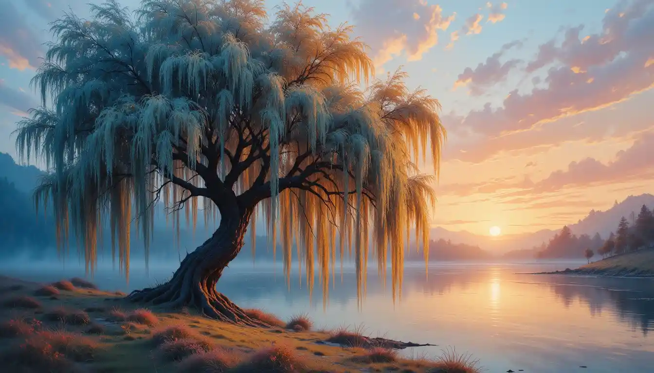 Majestic Willow Tree Reflected In A Calm Sunset River