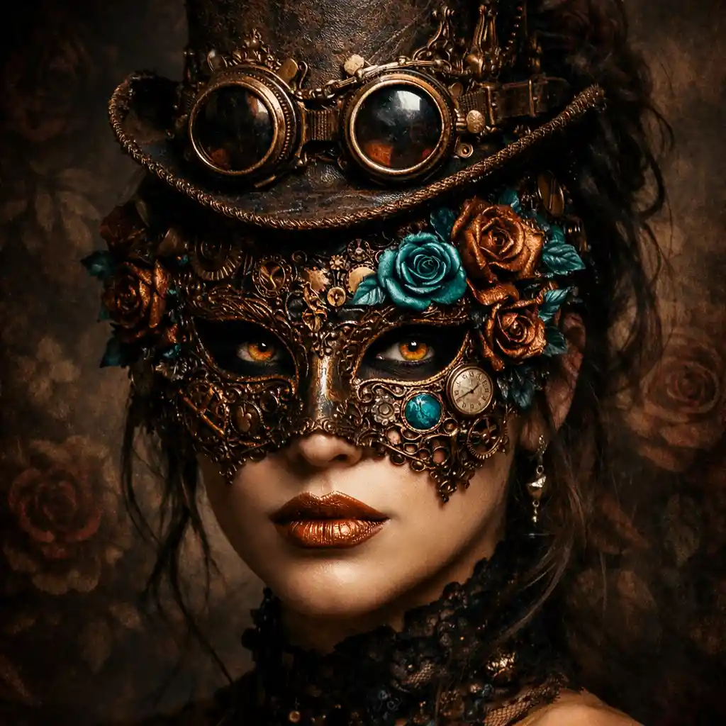 Surreale Steampunk-Frau mit venezianischer Maske und Zylinder – Porträt