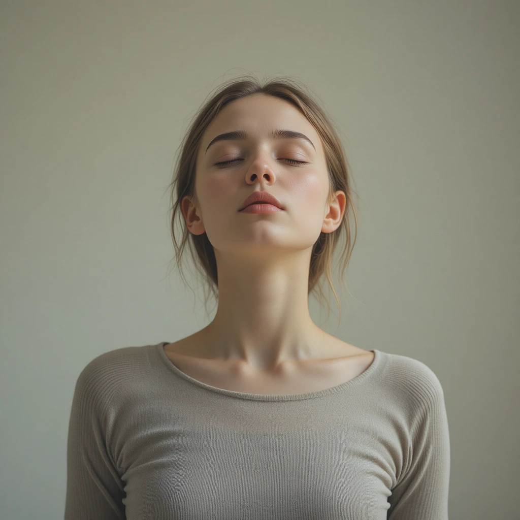 Femme expirant doucement, les yeux fermés, dans une lumière douce et calme