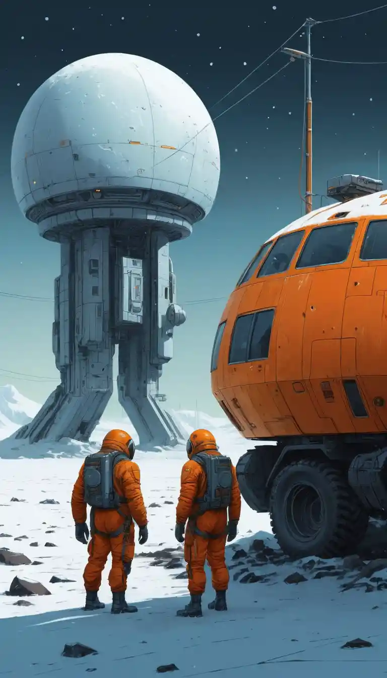 Figuras con trajes de supervivencia se acercan a un remoto puesto avanzado polar