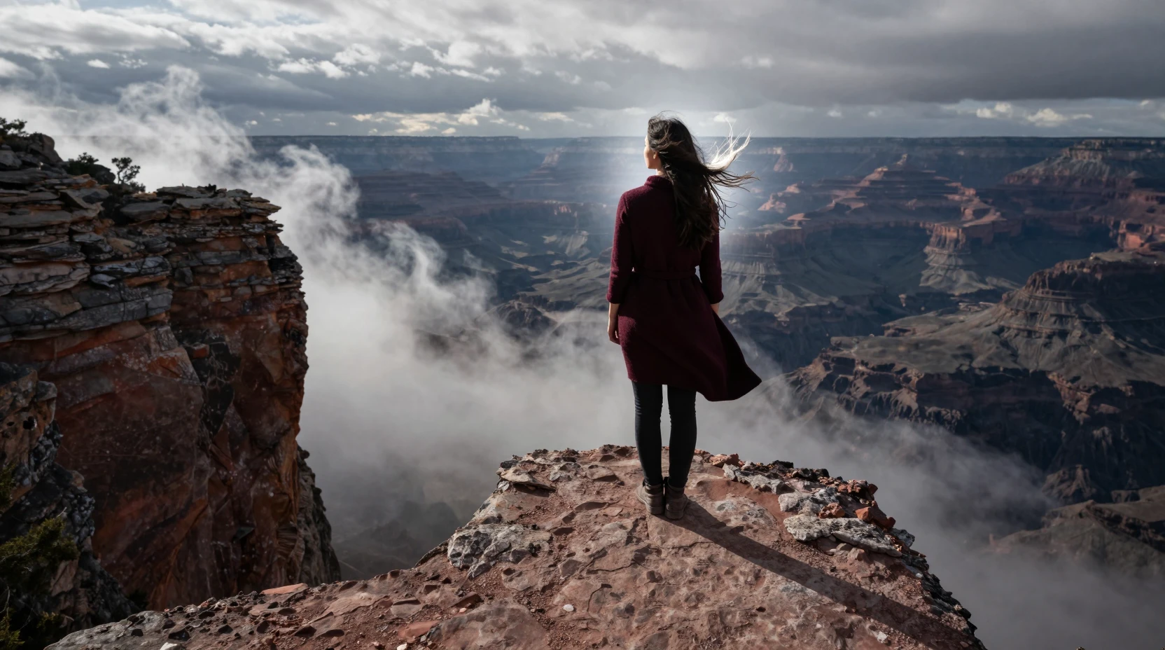 Woman on cliff edge above canyon of swirling clouds