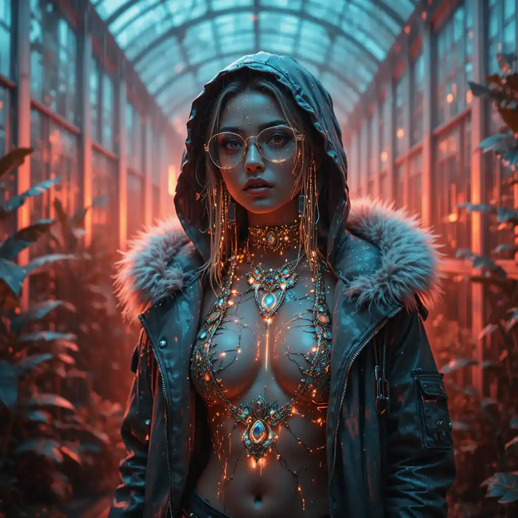 Retrato surreal de mulher em glitch em estufa neon
