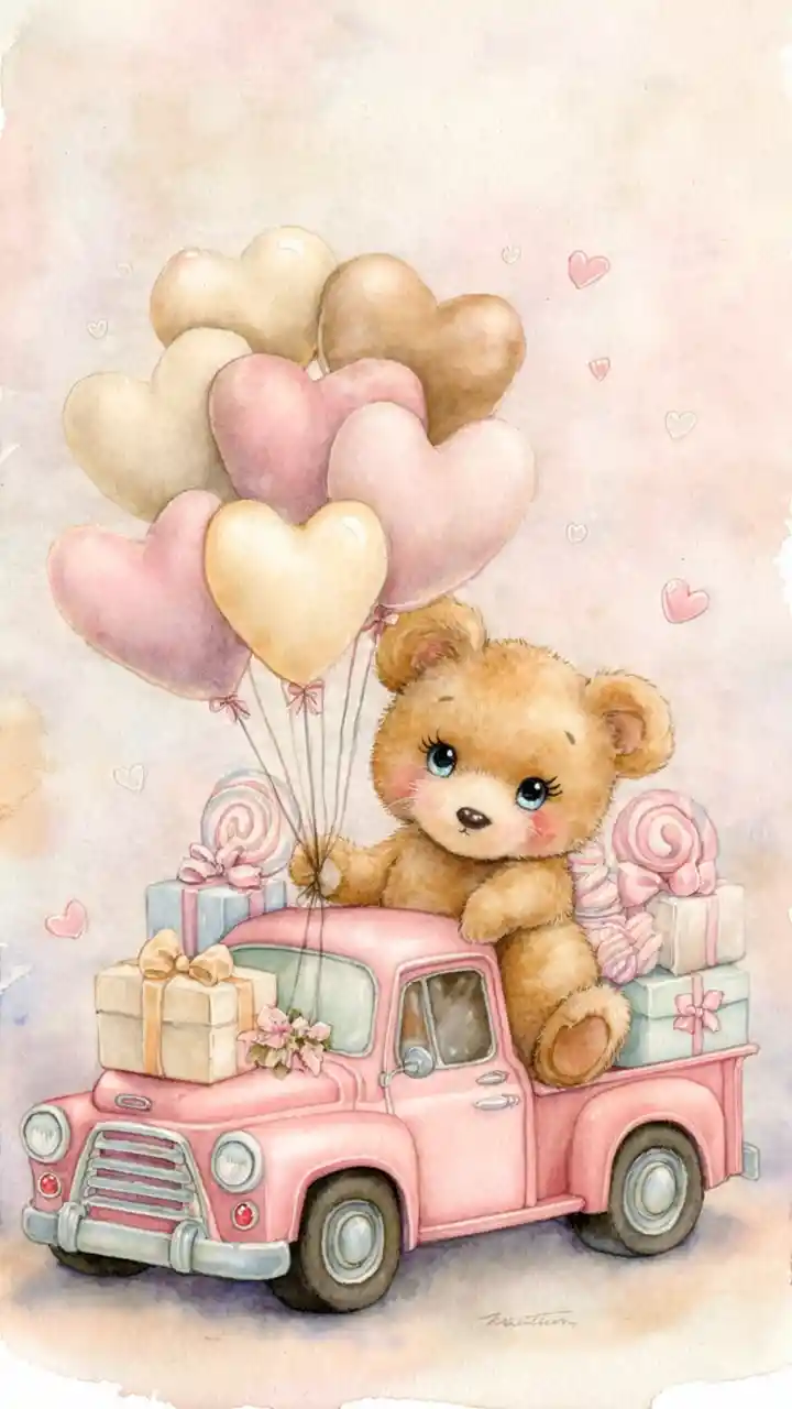 Süßer Teddybär im rosa Truck mit Herzballons