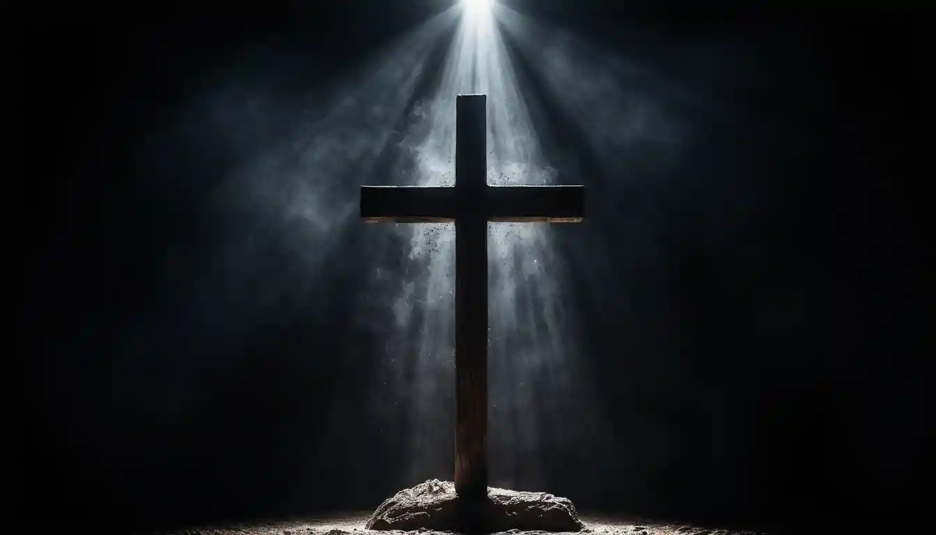 Silhueta de cruz de madeira iluminada por um único feixe dramático