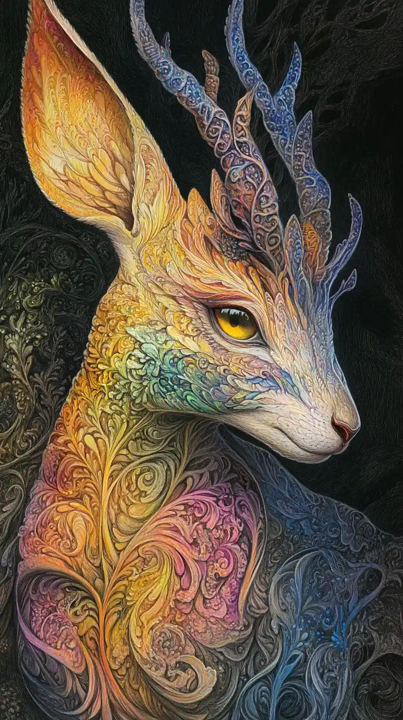 Criatura fantástica colorida que emerge de un mundo de ensueño