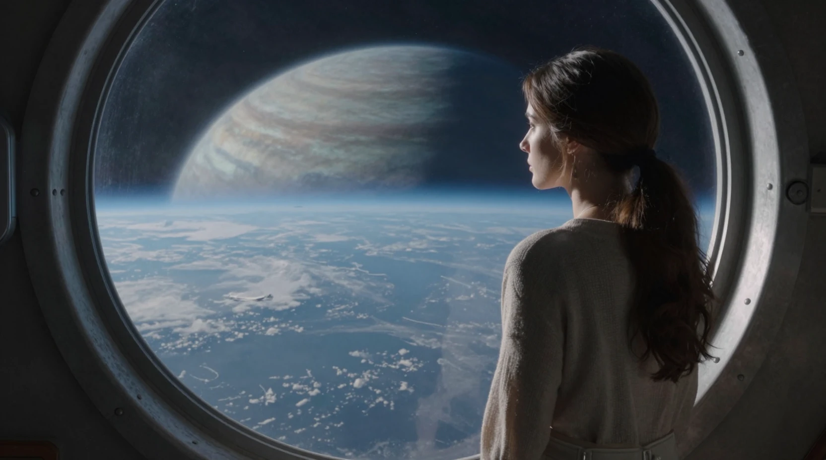 Mulher elegante observando gigante gasoso pela janela curva da nave espacial