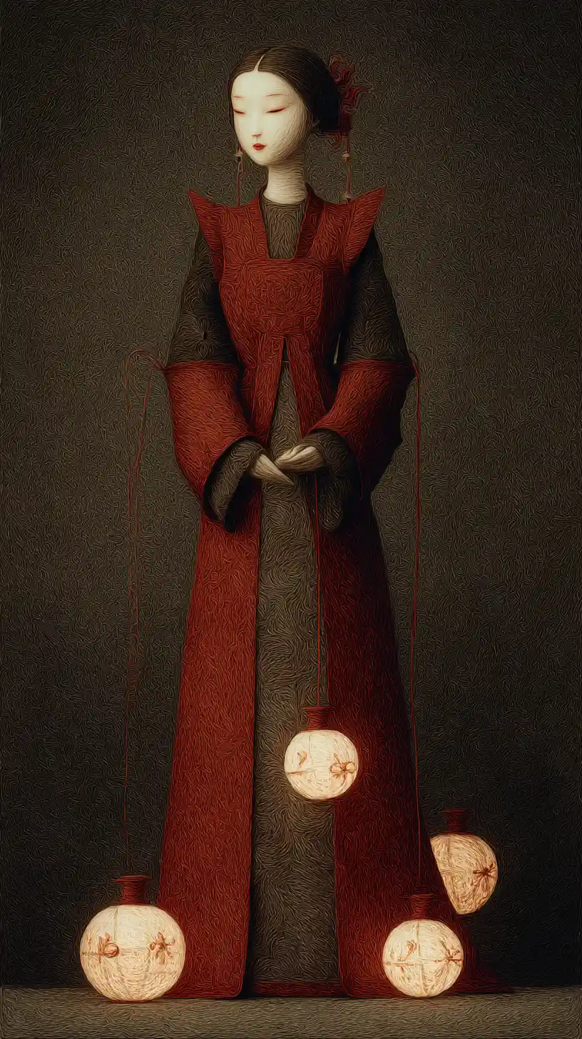 Traditional Chinese bride with glowing red lanterns in felt