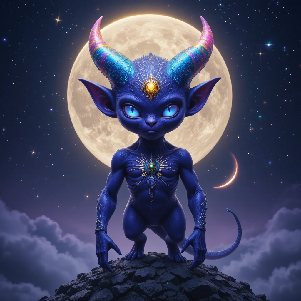 Mystic horned creature on a moonlit cosmic hill