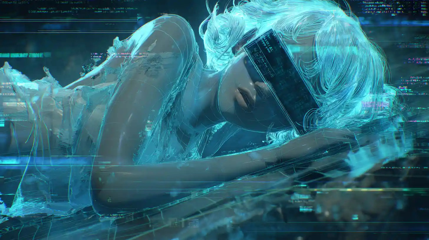 Holografische Frau, die in glitchigem blauen Cyberspace entspannt