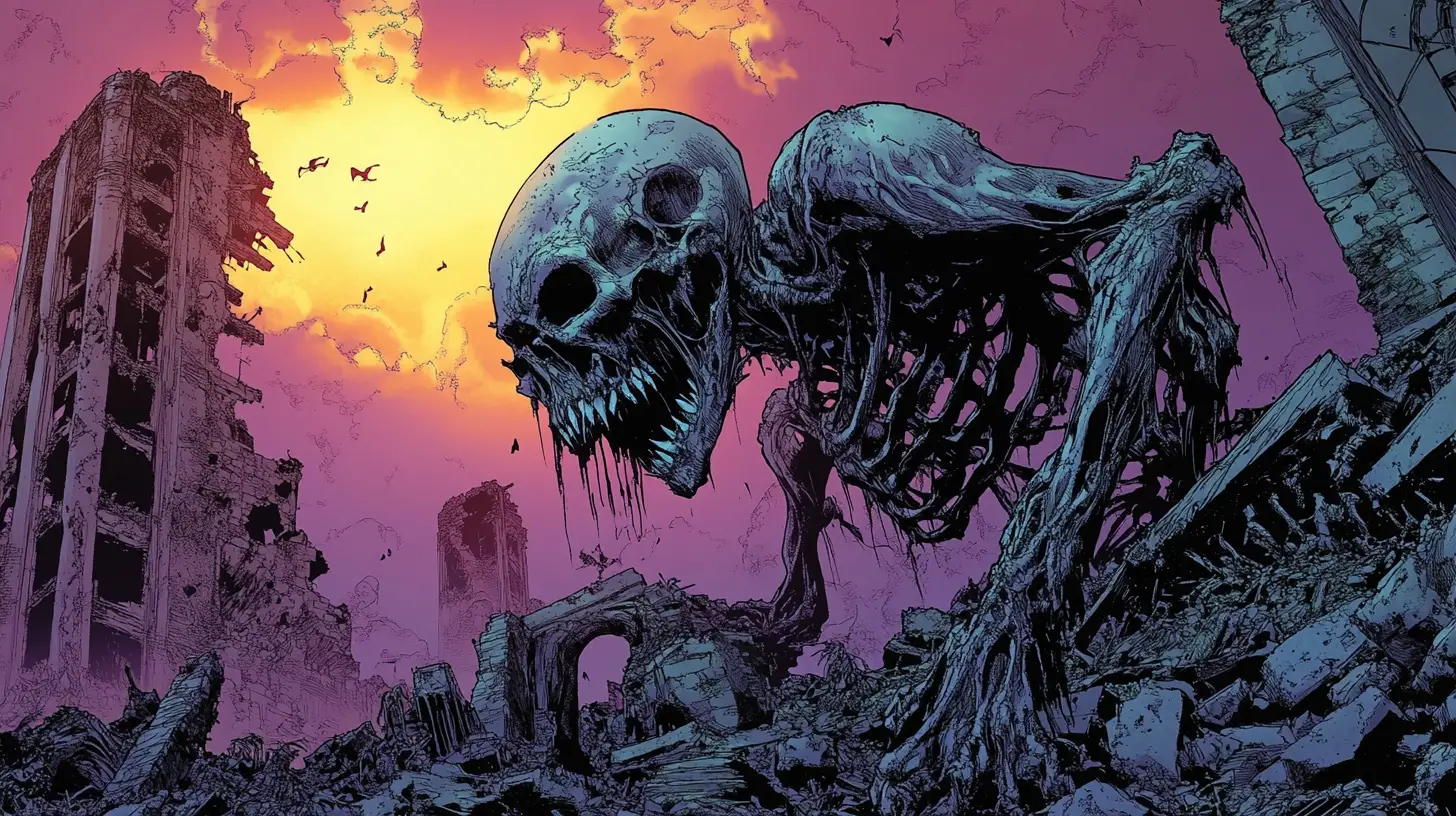 Death drone stalking survivors in ruined apocalyptic metropolis