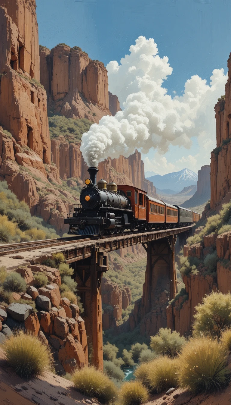 Nineteenth century train crossing a wooden bridge canyon