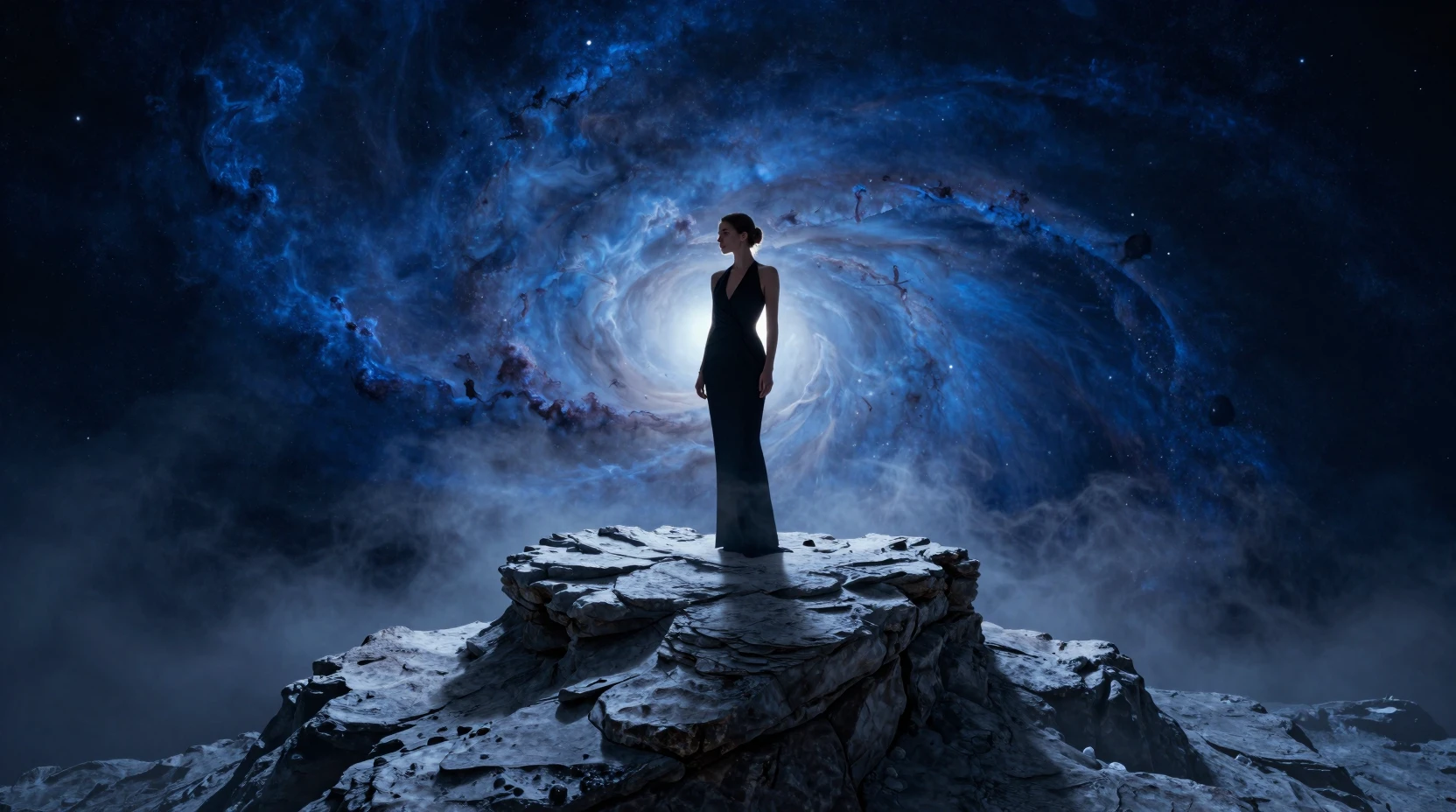 Frau auf einsamem Basalt-Mesa in einem wirbelnden kosmischen Nebel
