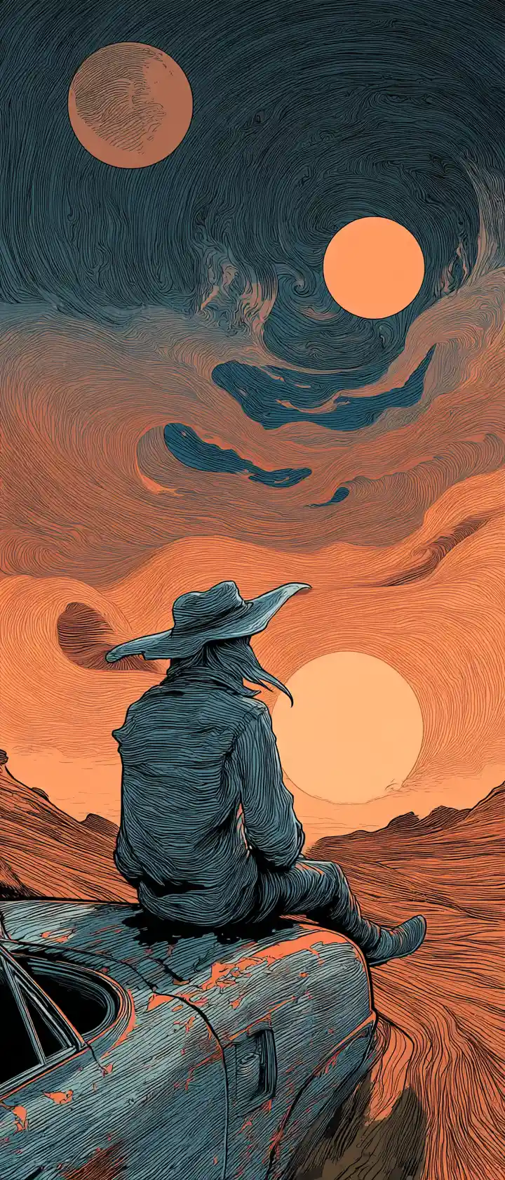 Viajante descansando em carro no deserto observando sóis gêmeos ao pôr do sol