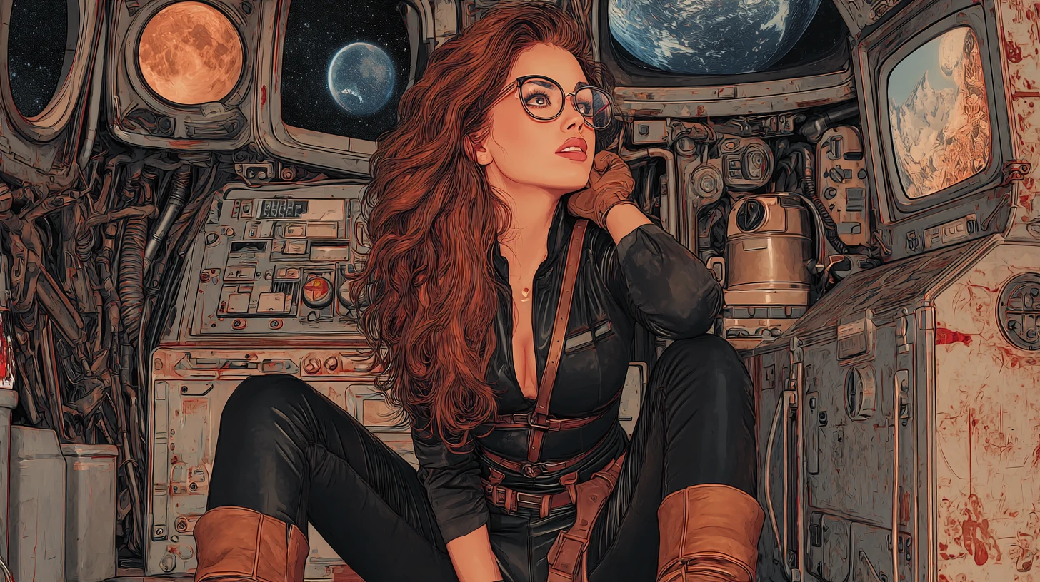 Mulher ruiva em traje de couro dentro de uma velha nave espacial