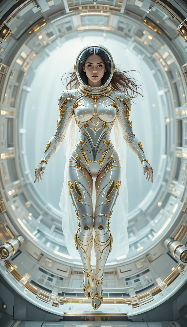 Mulher futurista em traje de astronauta branco e dourado no espaço
