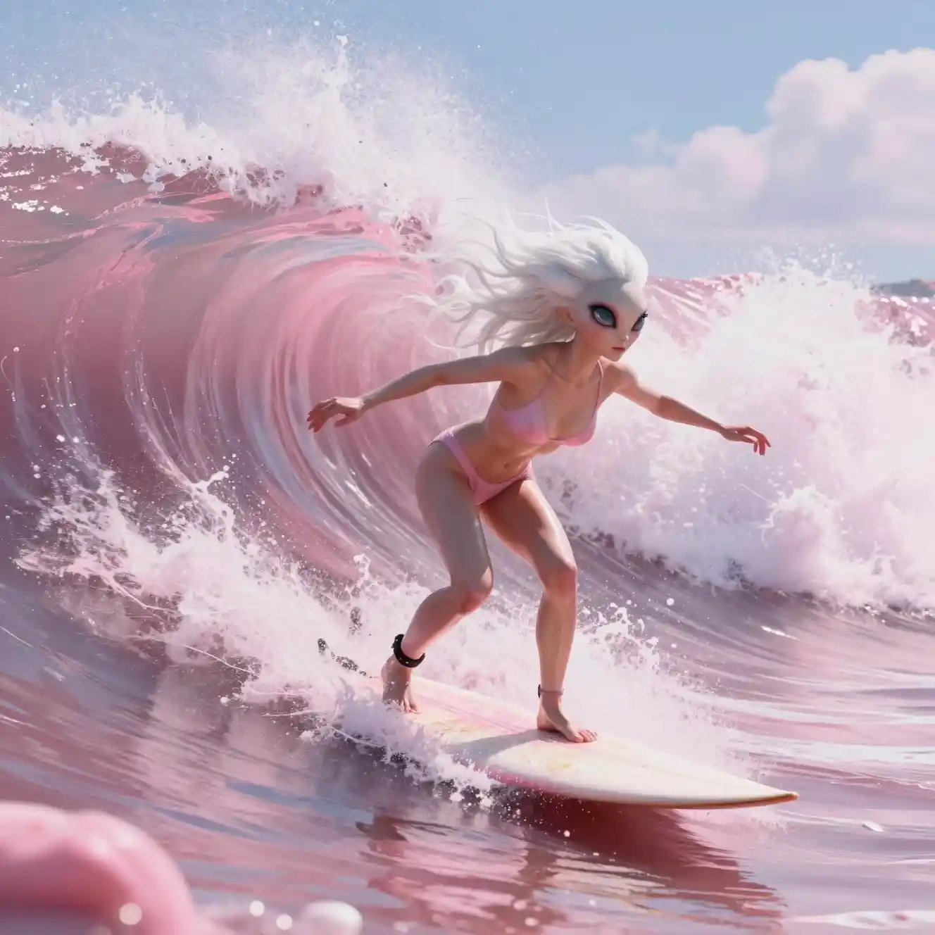 Alien woman surfing colossal pink waves on distant world