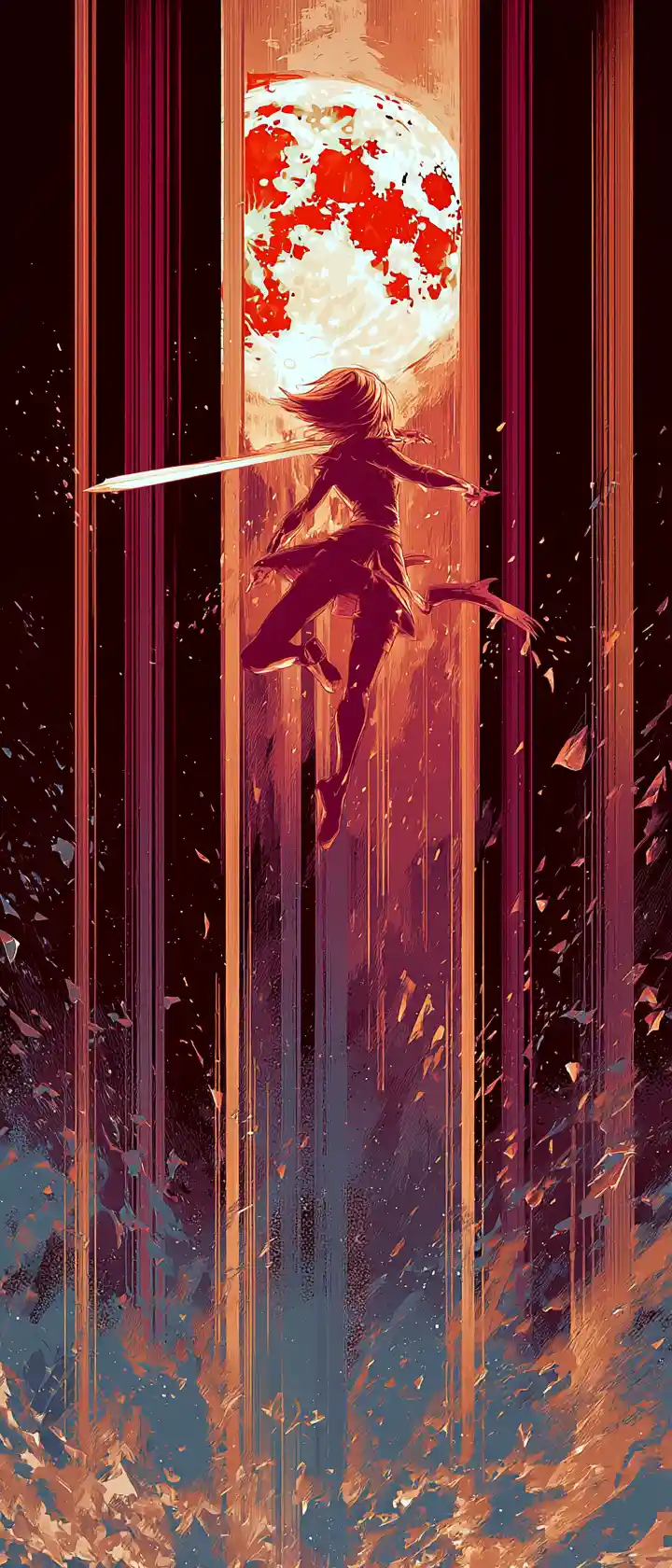 Fierce female swordsman leaping with blazing crimson blade