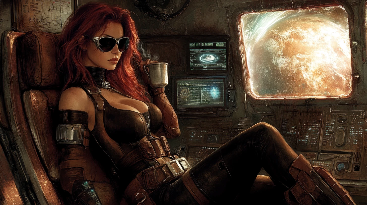 Mulher atlética de roupa de couro dentro de uma velha nave espacial enferrujada