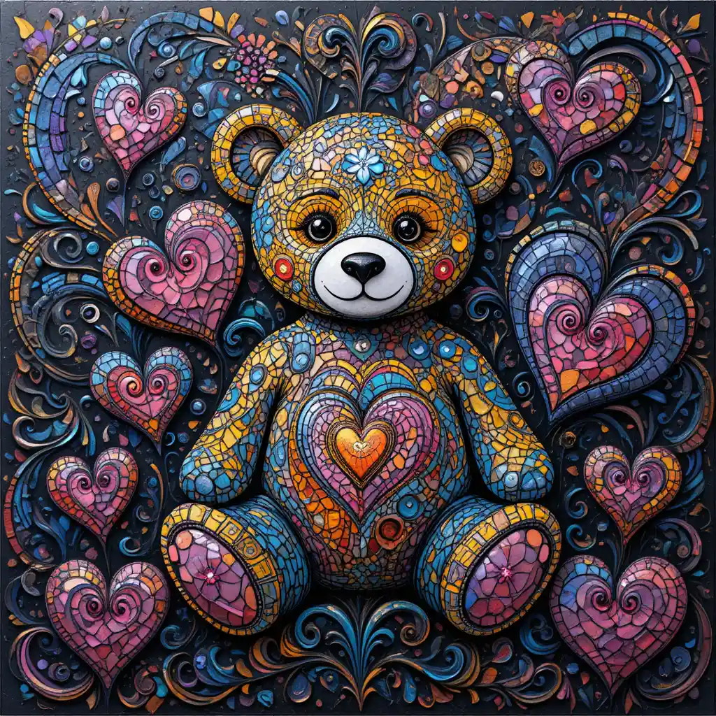 Osito zentangle colorido rodeado de corazones con patrones