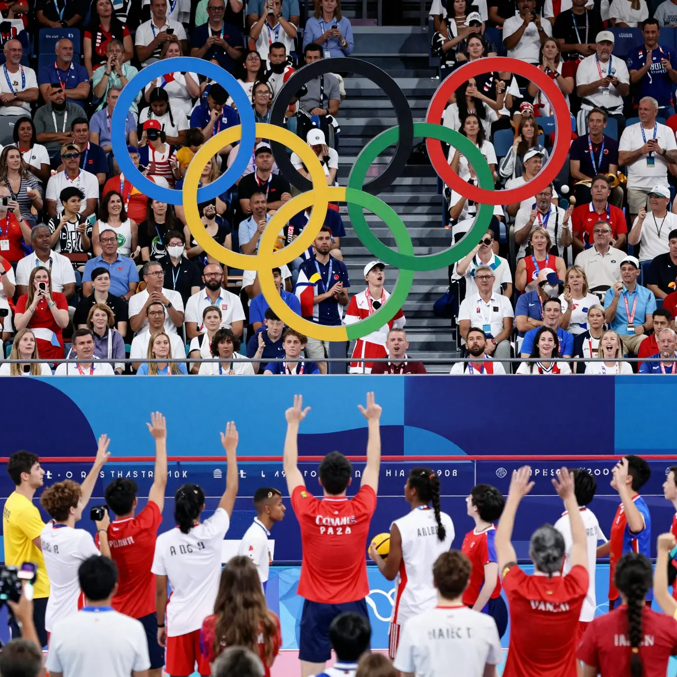 International athletes celebrating together at a global sports event