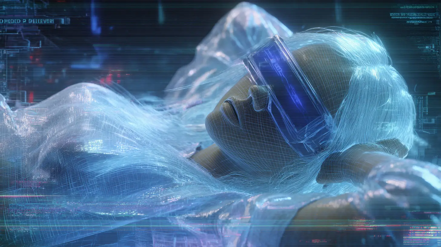 Holografische Frau, die in einer fehlerhaften blauen Cyberspace-Landschaft entspannt