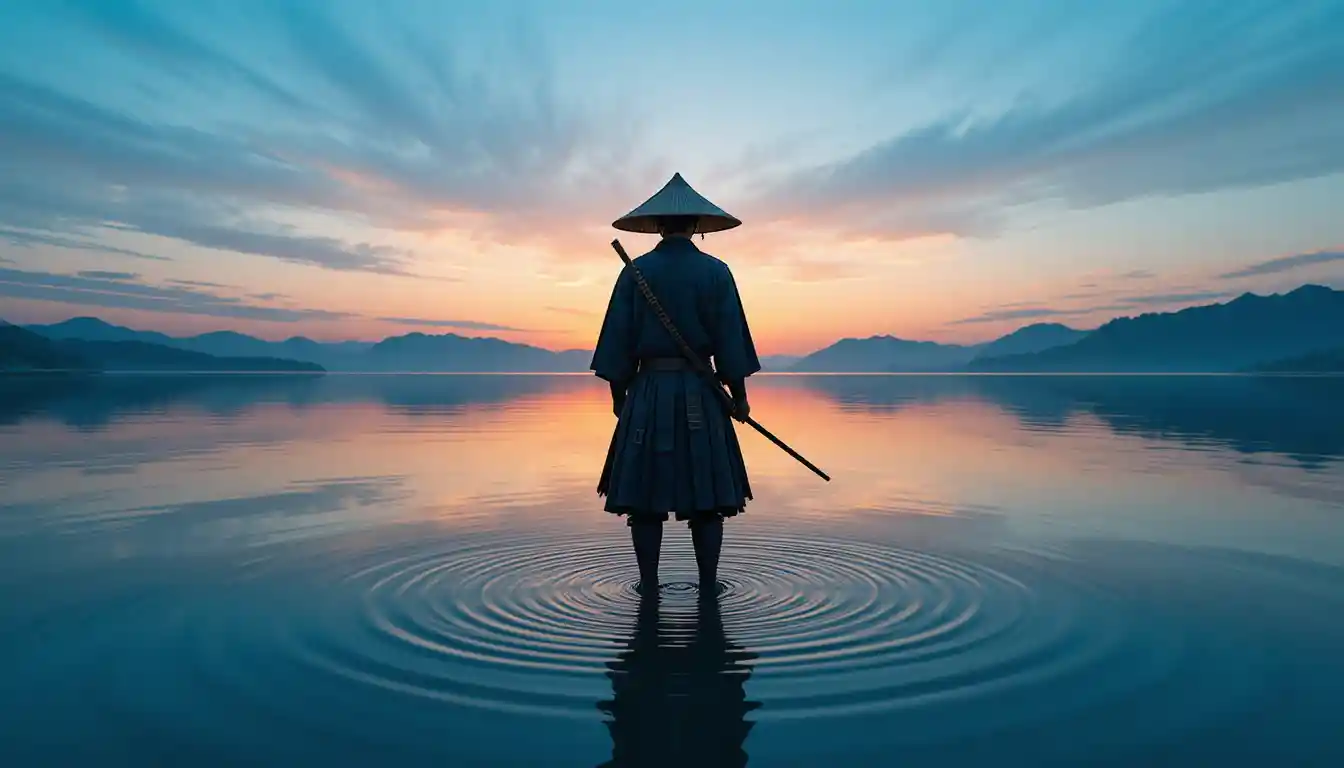 Samurai solitário em água espelhada ao nascer do sol