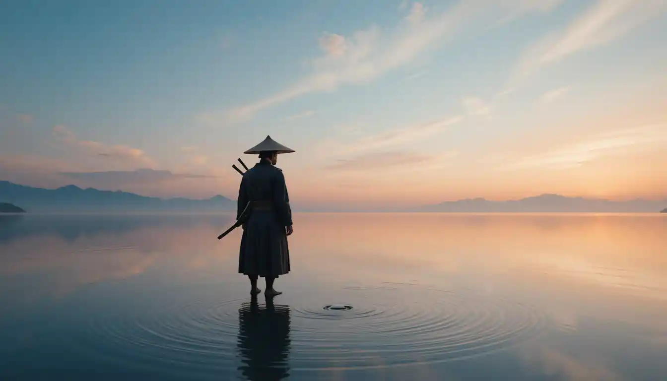 Samouraï solitaire dans une eau miroir au lever du soleil
