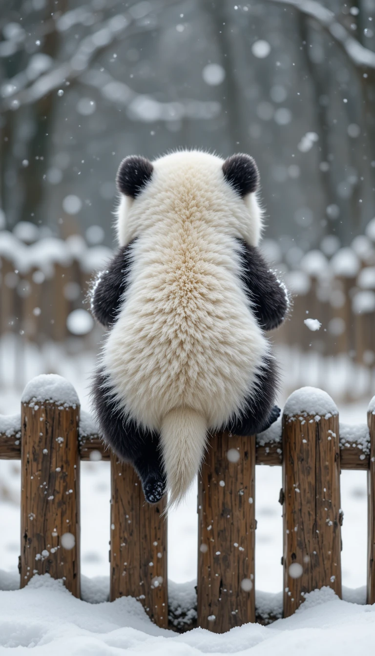 Filhote de panda branco fofinho sentado em uma cerca de madeira coberta de neve