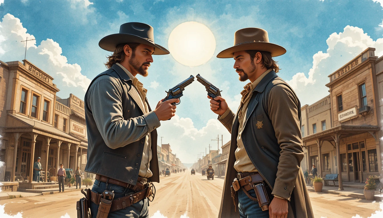 Dois cowboys se enfrentando em uma ensolarada rua principal do velho oeste
