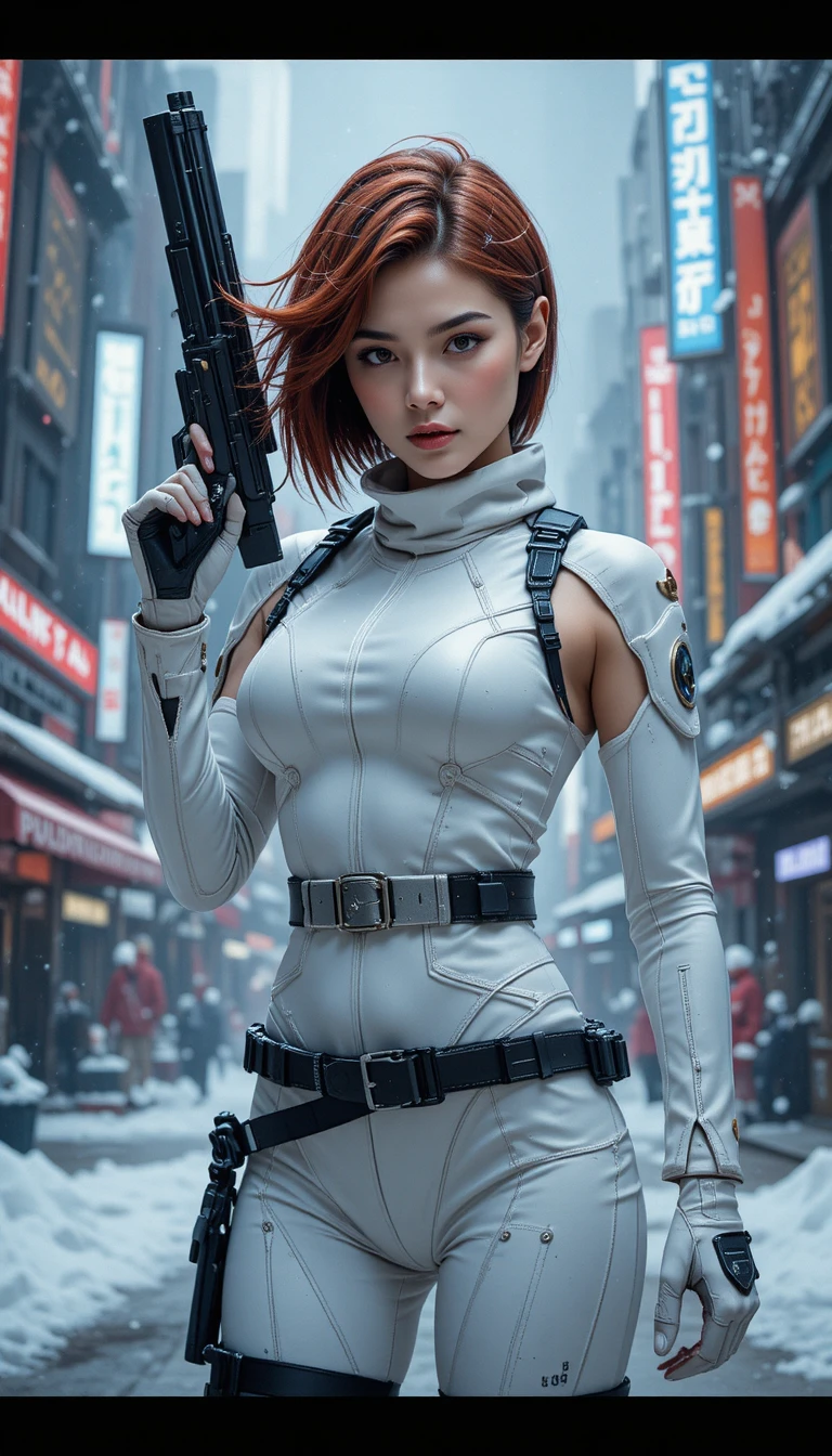Female warrior in white ninja suit with cyber gun
