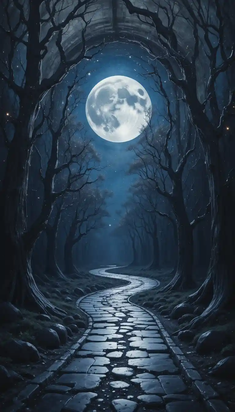 Místico laberinto metálico bajo el cielo nocturno a la luz de la luna