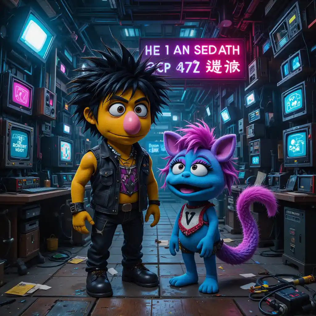 Héroe títere punk en una sala de escape cyberpunk