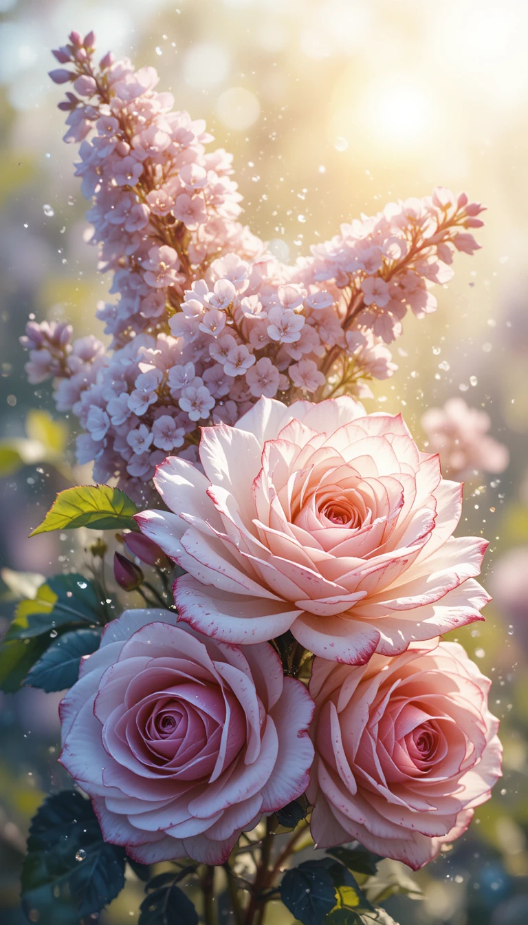 Rosas aquarela delicadas em branco e lilás em fundo ensolarado