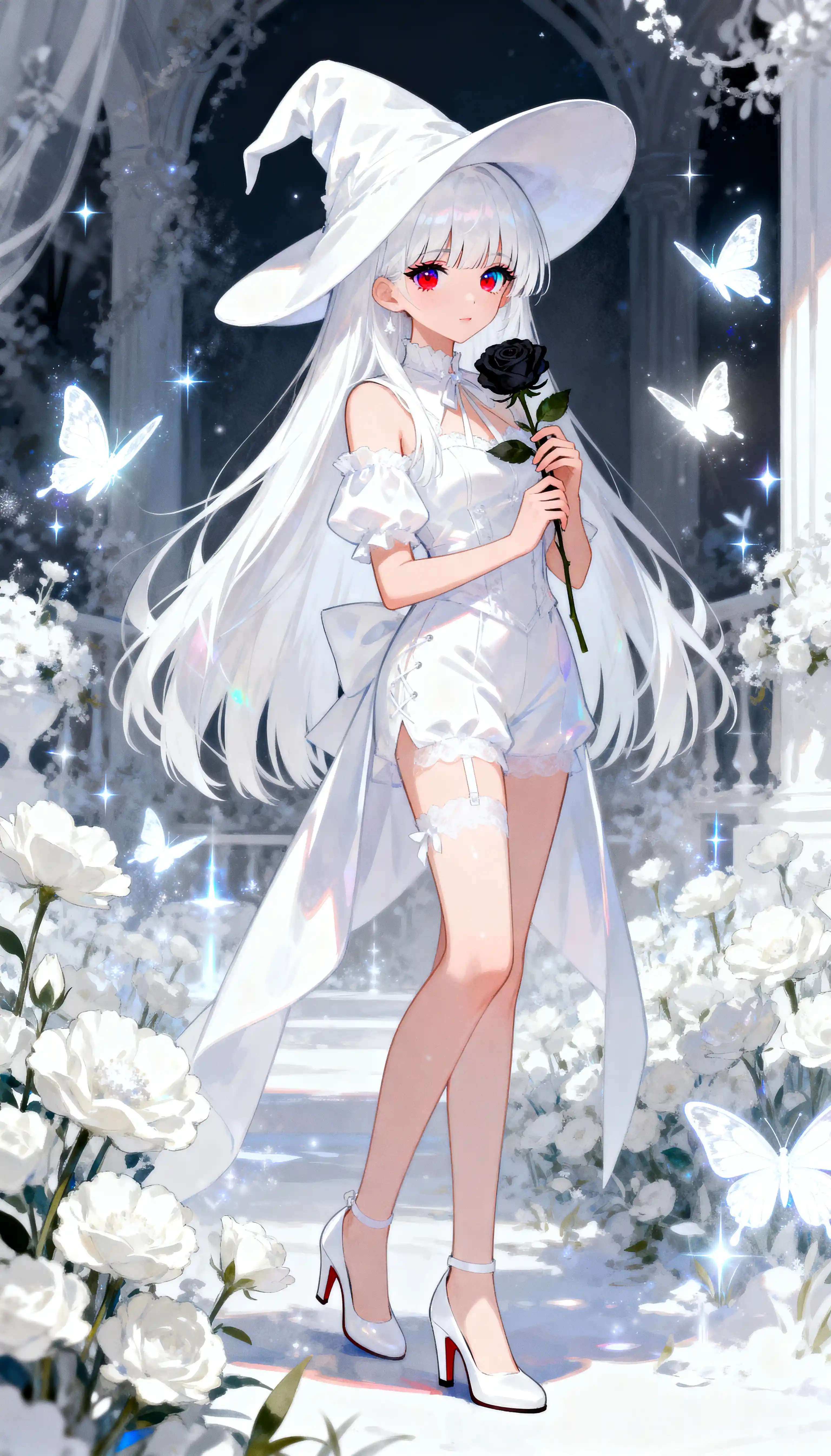 光り輝く魔法の庭の白髪の魔女の少女