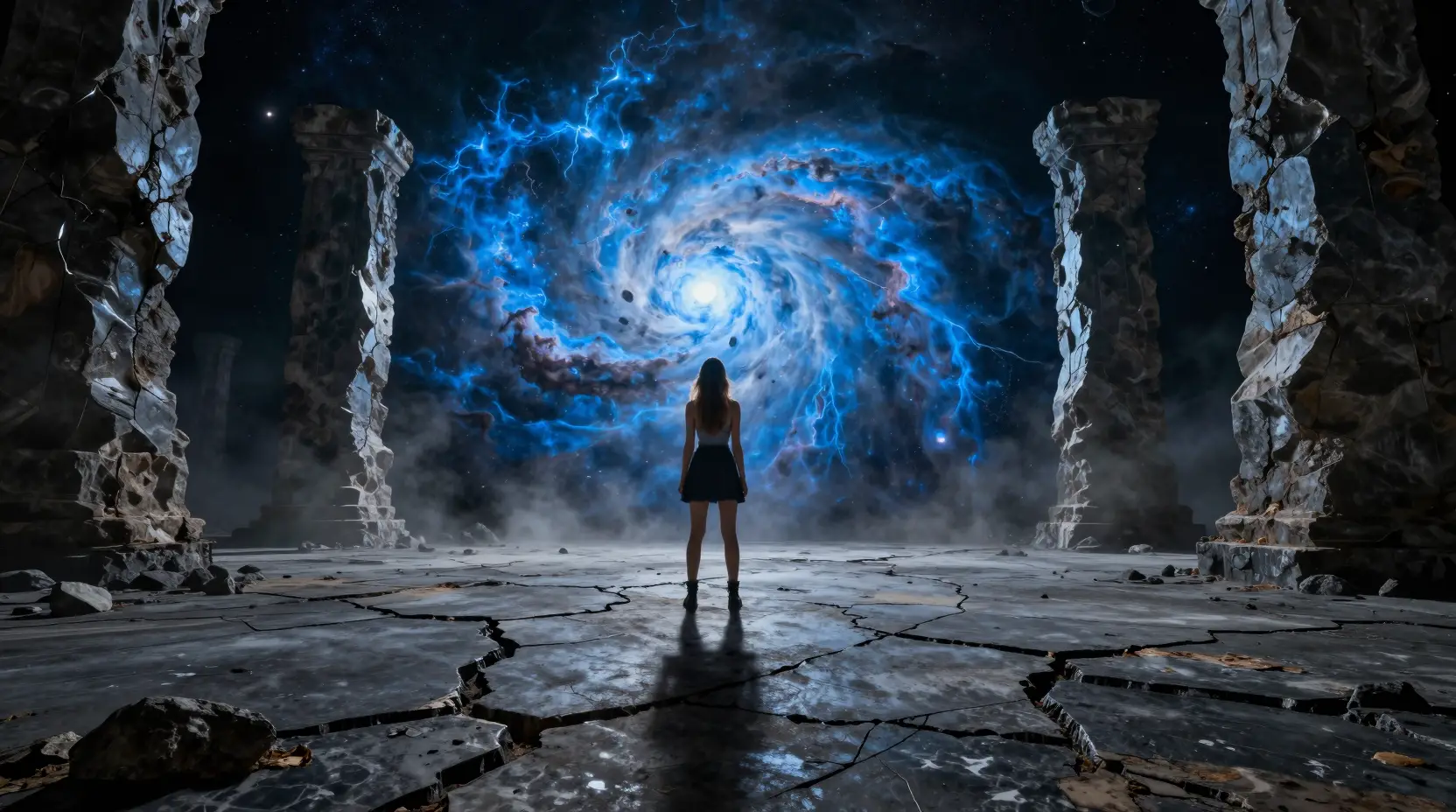 Mujer sobre un suelo de obsidiana sobre una vasta nebulosa cósmica azul