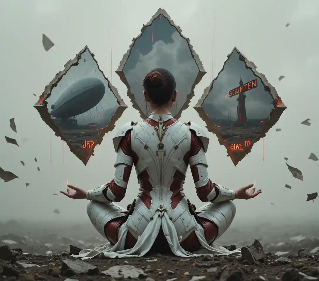Sci fi woman tuning mirrored shards above a ruined world