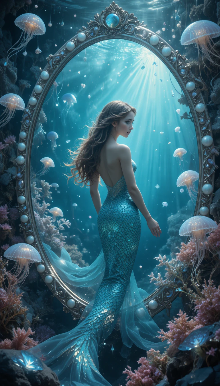 Sirène contemplant un miroir de perle lumineux sous l’eau