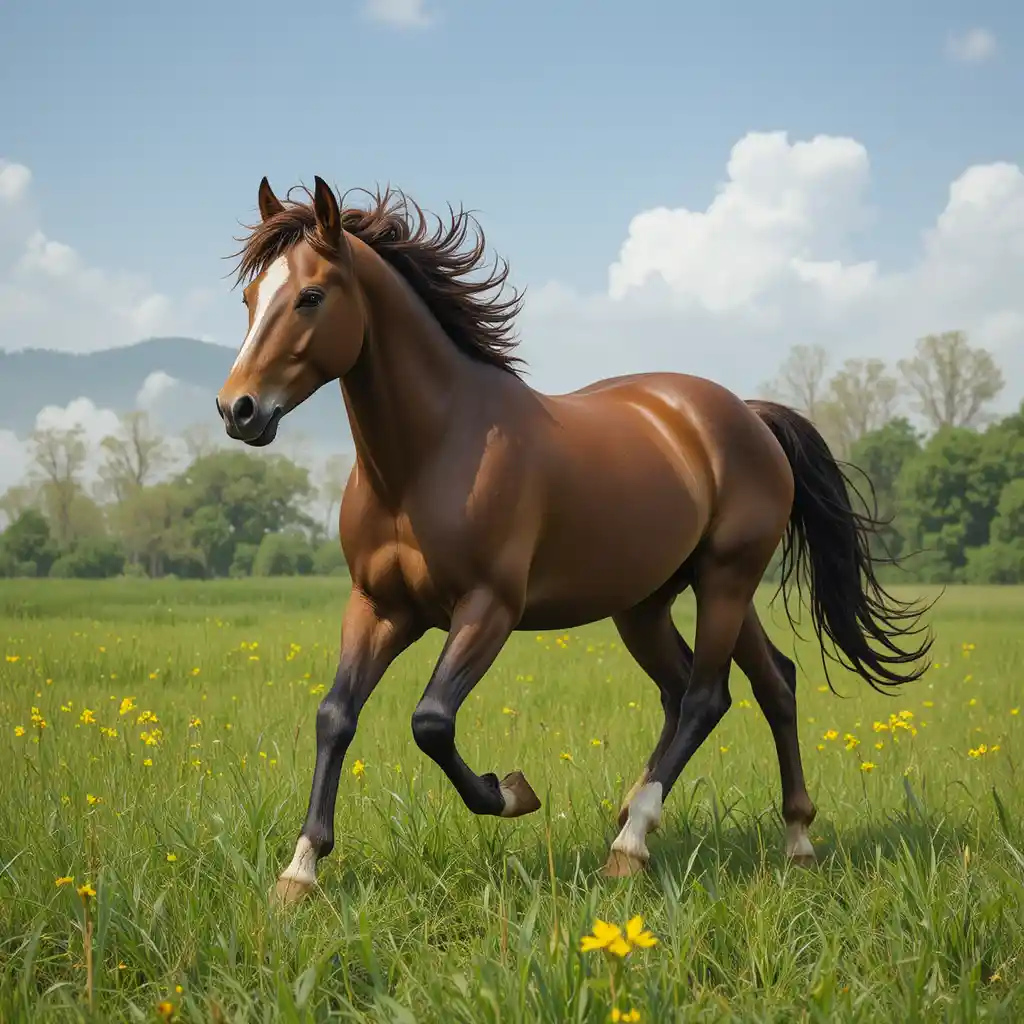 Cavallo che corre attraverso un campo verde e rigoglioso