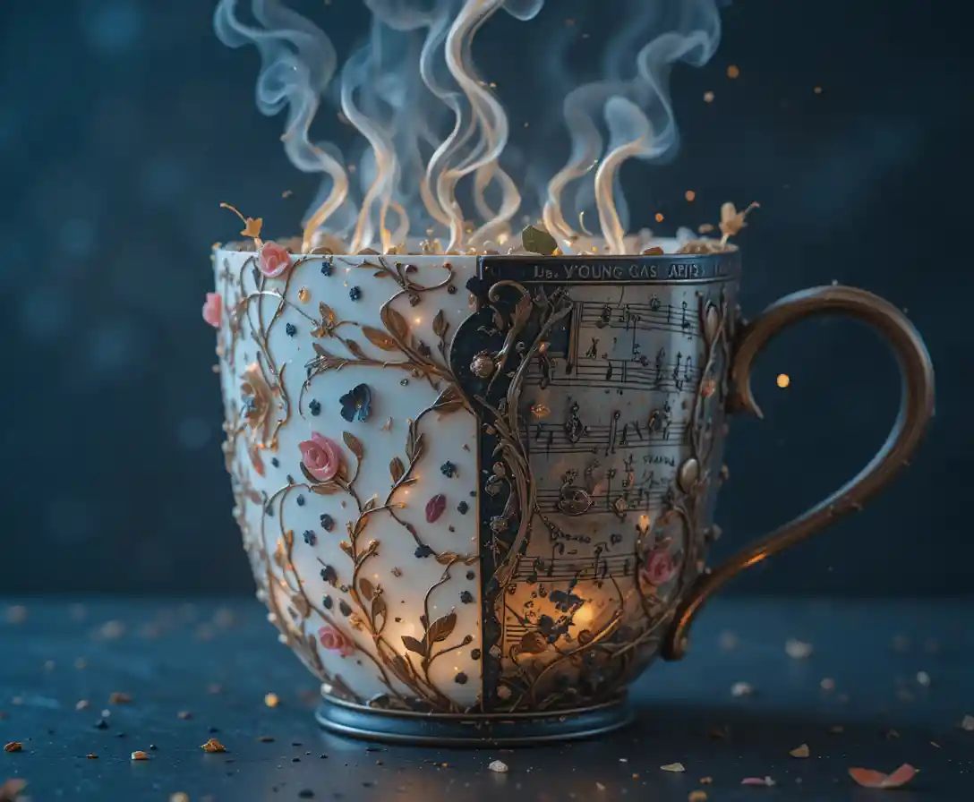 Tasse à café géométrique surréaliste se transformant en masque de carnaval ornementé